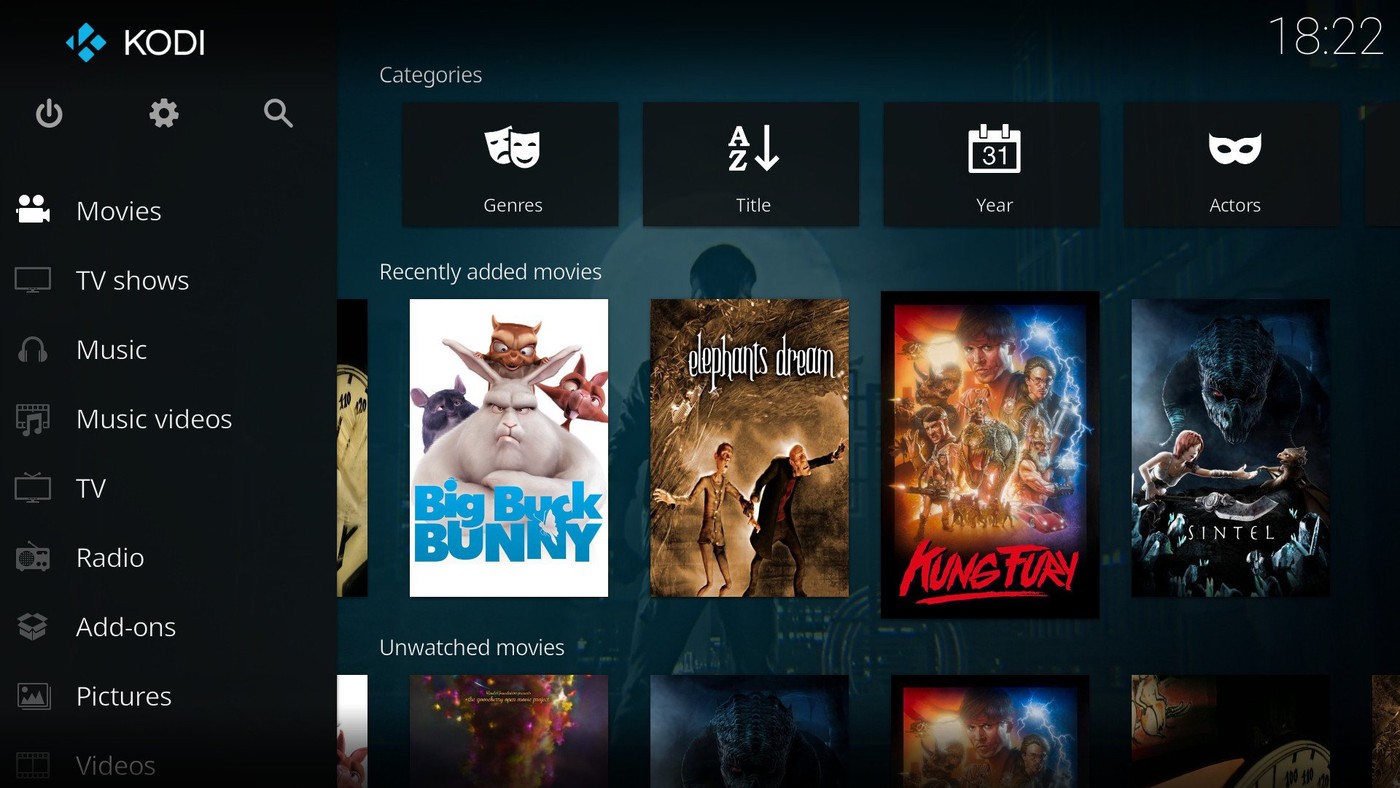 Медиатека Kodi в стандартной оболочке Estuary